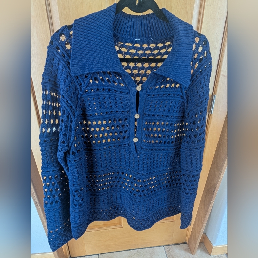 Sundance Women’s Navy Beach Airy Cotton Half Button Open Knit Sweater